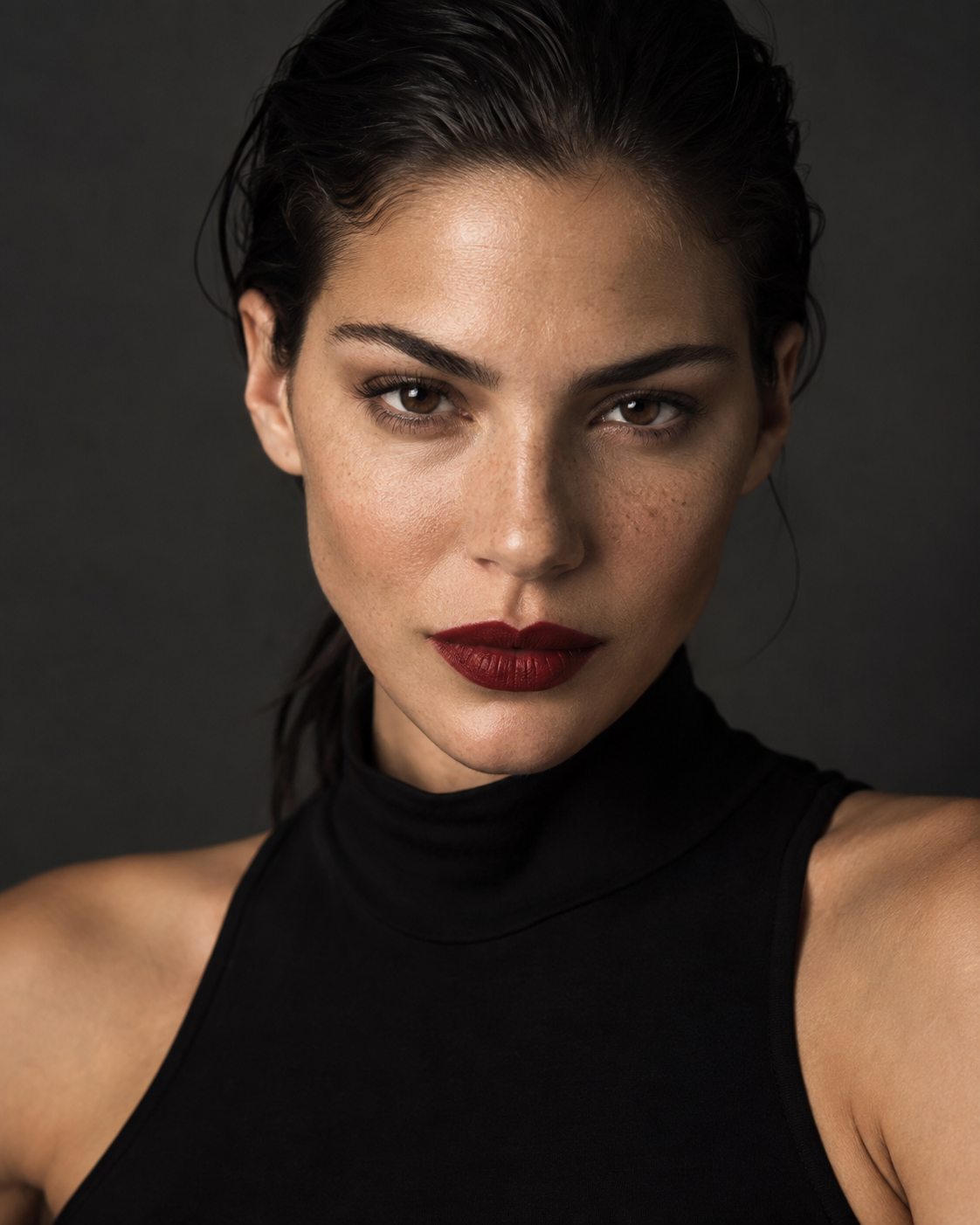 Illustrative beauty portrait with natural skin texture and a deep red lip