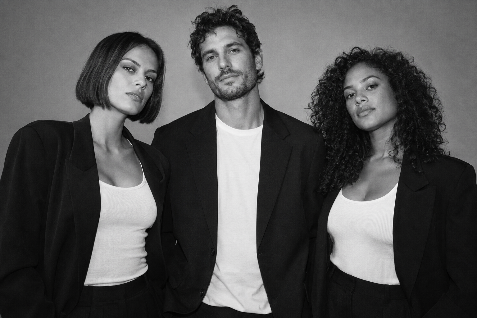 Illustrative black and white editorial featuring three adult fashion models in tailored studio looks